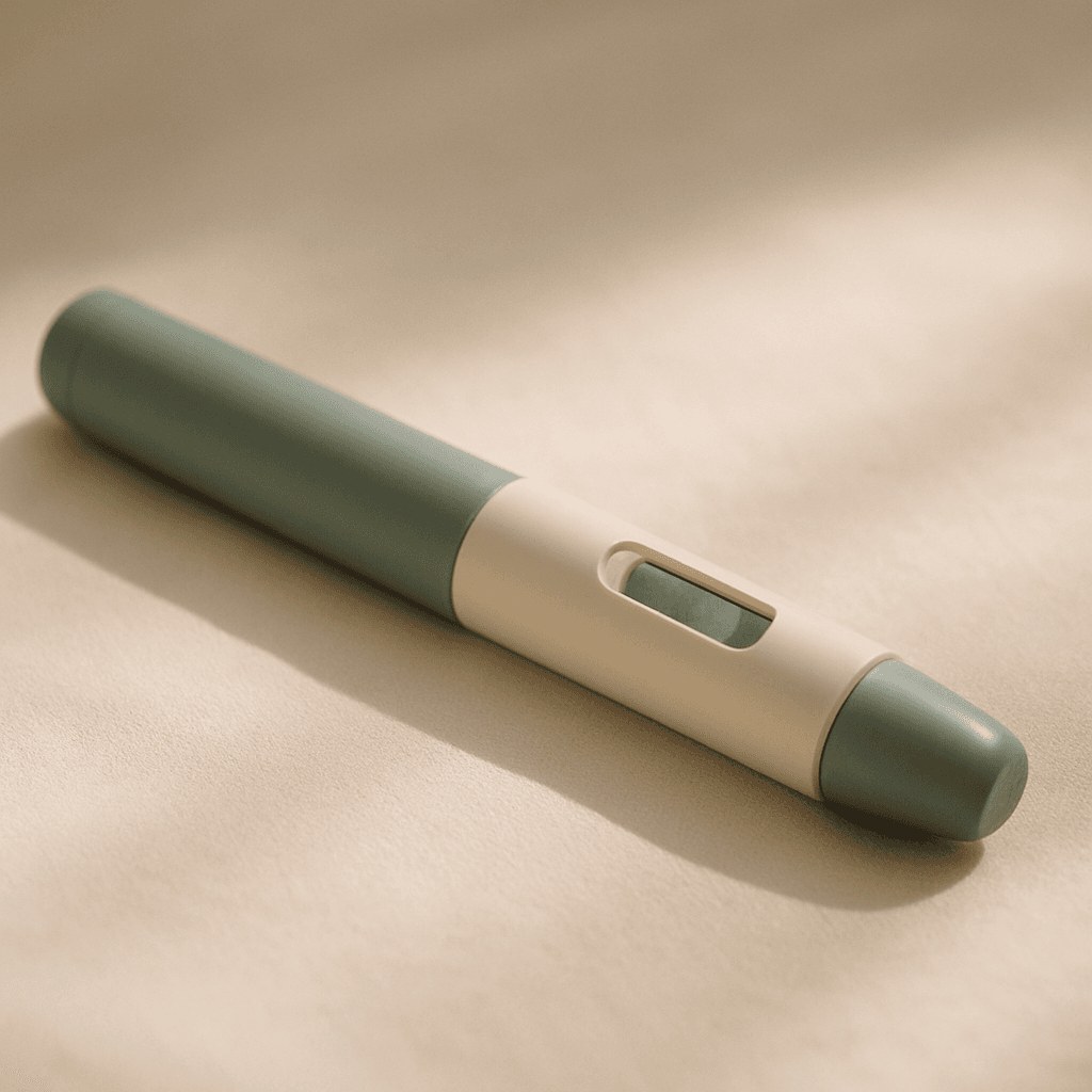 Pluma inyectable de medicación sobre una superficie cálida representando la retatrutida